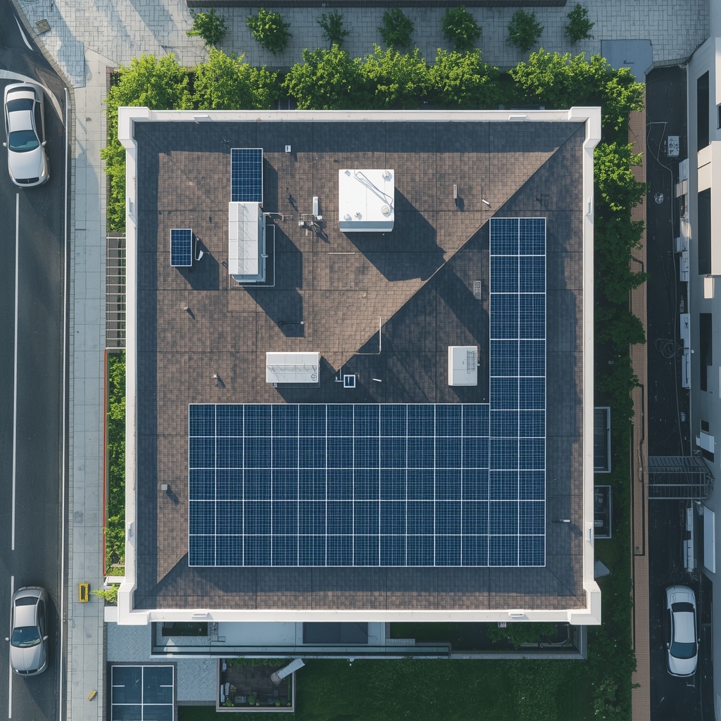 Modern residential rooftop solar panel installation, aerial view, clean architecture, photorealistic, no people
